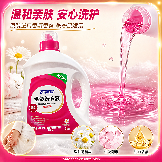 [主图-3] 家家宜全效洗衣液 品质成分图 温和亲肤 原装进口香氛。
[统一基调] 国内电商爆款风格，洁净通透，强点击感，玫红+白色为主色调，金色点缀，爆款渐变边框设计，画面四周有精致的渐变发光边框，粗体无衬线大字标题，文字层级分明，商业摄影质感。
[画面] 家家宜全效洗衣液瓶身位于画面中央偏左，约占50%，产品外观与输入图一致。右侧用透明纯净的液体流动效果展示洗衣液质地，清透的玫红色液体从瓶口缓缓流出，形成优美的液柱，周围有细腻的泡沫和水滴，体现液体的纯净与浓稠。下方有成分阵列展示：洋甘菊花朵、生物酵素晶体、香氛精油滴，三种核心成分用精致的圆形图标框呈现，排列整齐。左下角有婴儿衣物和娇嫩肌肤的示意，突出温和安全。
[光影质感] 侧逆光打亮液体，体现清透感和流动质感，瓶身有自然高光，泡沫细腻真实，水滴晶莹剔透，整体质感高级。
[配色] 主色白色+玫红色，辅助色金色、淡绿色，背景浅米白到淡粉渐变，四周有玫红到金色的渐变发光爆款边框。
[文字版式] 顶部大标题粗体"温和亲肤 安心洗护"，副标题"原装进口香氛香料 敏感肌适用"。三个成分图标下方分别标注：洋甘菊精华、生物酵素、进口香氛。底部小字标注"Safe for Sensitive Skin"。文字清晰，布局合理。
[输出要求] 1:1正方形比例，2K高清，产品清晰，液体质感真实，文字无错字，无水印无平台Logo，禁止极限词违规词，禁止变形、穿模。