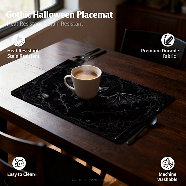 [Main Image 2] Core functional卖点 display of gothic bat skeleton placemat.
[Atmosphere Style] Clean and credible, practical product expression.
[Image Quality] Commercial photography, soft light, clear focus, high definition.
[Elements] The placemat is placed on a dark wooden dining table, a cup of hot coffee is placed directly on the placemat, showing the heat-resistant function. The pattern of the placemat remains completely consistent with the input image, the color is unchanged, no deformation. The product occupies 65% of the screen, the scene is real, the function display is intuitive.
[Light and Shadow] Natural soft light from the side, clear layering, the focus is on the placemat and the coffee cup, the overall picture is clean.
[Color Matching] Main color dark wood tone, product pattern is consistent with the original, the overall color matching is coordinated.
[Perspective Composition] 45 degree oblique perspective, moderate depth of field.
[Text Layout] Four core卖点 are arranged around the product, each卖点 is matched with a simple icon: Heat Resistant Stain Resistant in the upper left, Premium Durable Fabric in the upper right, Easy to Clean in the lower left, Machine Washable in the lower right. The text is concise, the color is dark, the contrast with the light background is strong, does not block the product.
[Proportion Resolution] 1:1 proportion, 2048 * 2048 resolution, 4k ultra clear.
[Negative Prompt] Deformation, text confusion, blurred product image, cluttered background, watermark, platform logo, Chinese characters, exaggerated superlative words