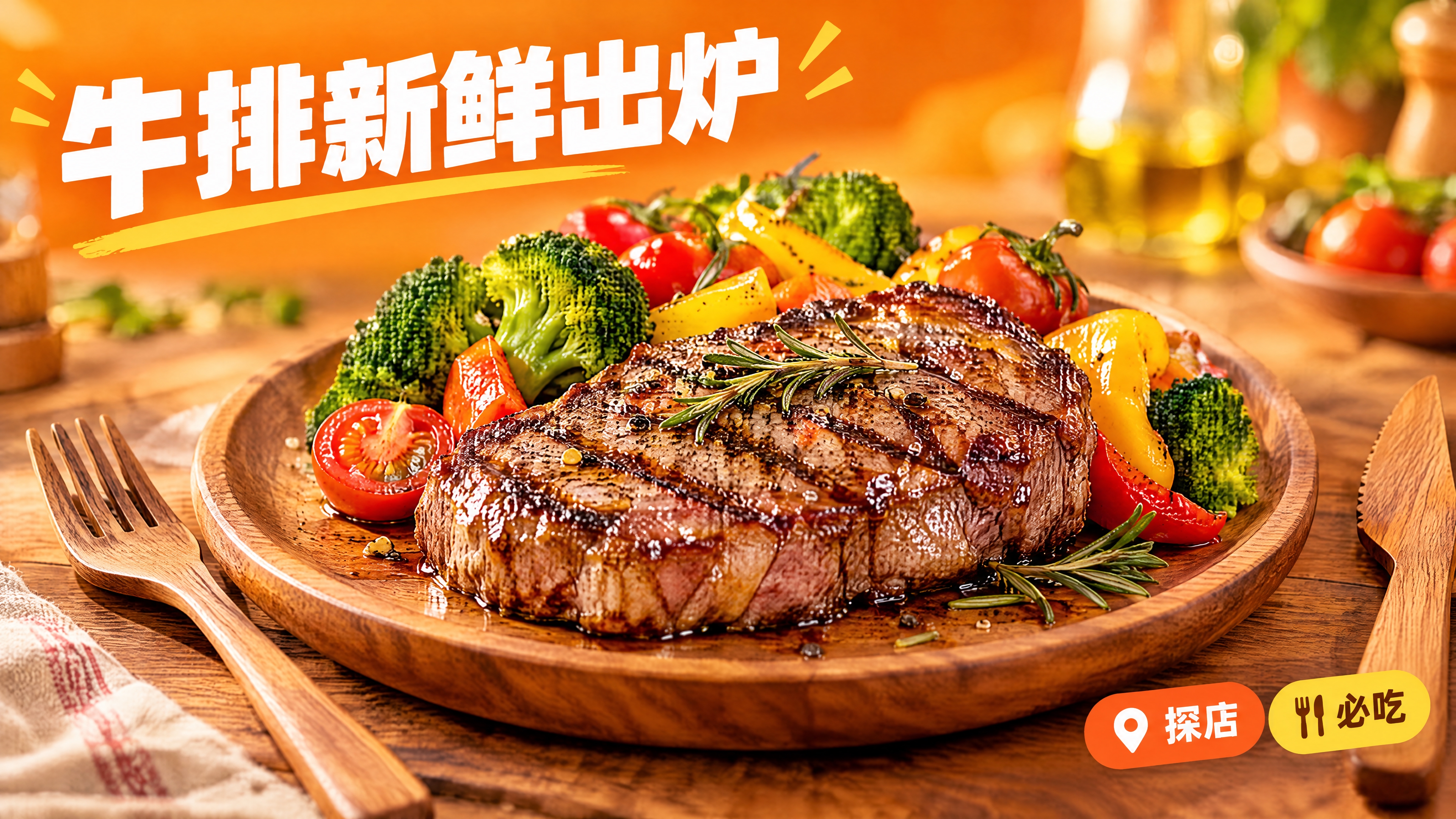 活力美食风格的美食摄影海报，暖橙色背景，画面中心是一盘色泽诱人… - 图片创意预览