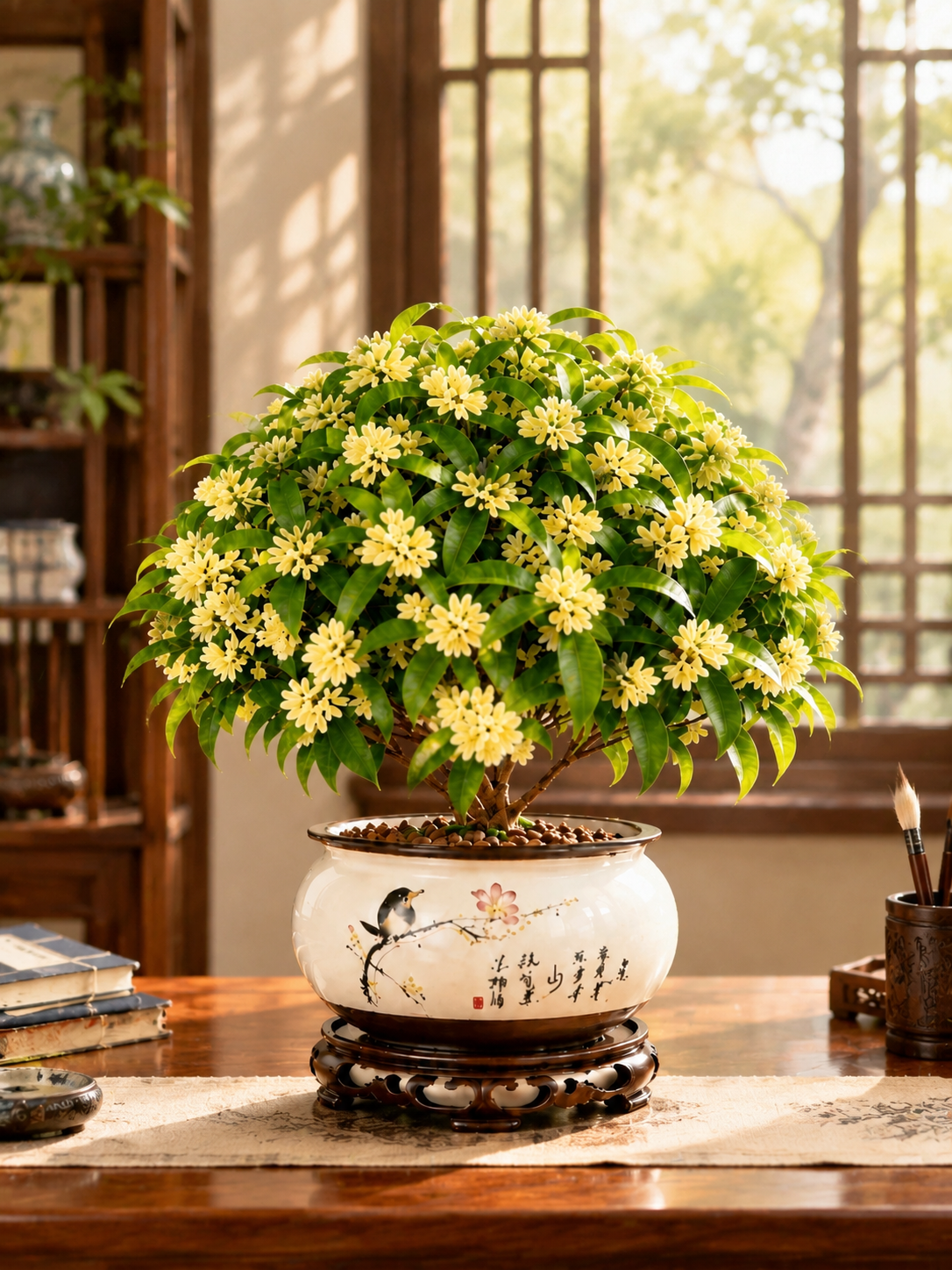 保留图中的桂花盆栽，将其放在画面正中央作为主体，替换背景为雅致… - 图片创意预览