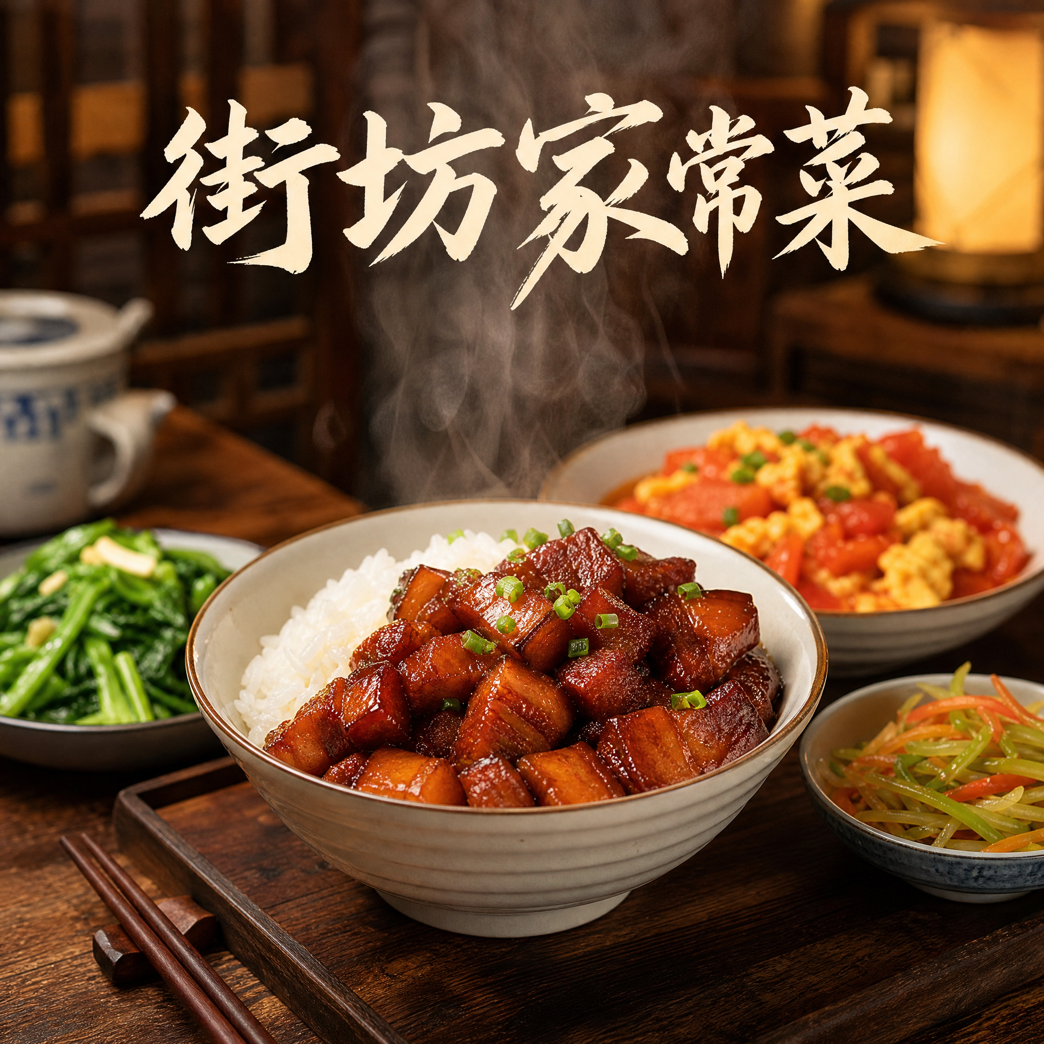 写实摄影风格的餐厅头像，画面中央是一碗热气腾腾的家常红烧肉配米… - 图片创意预览