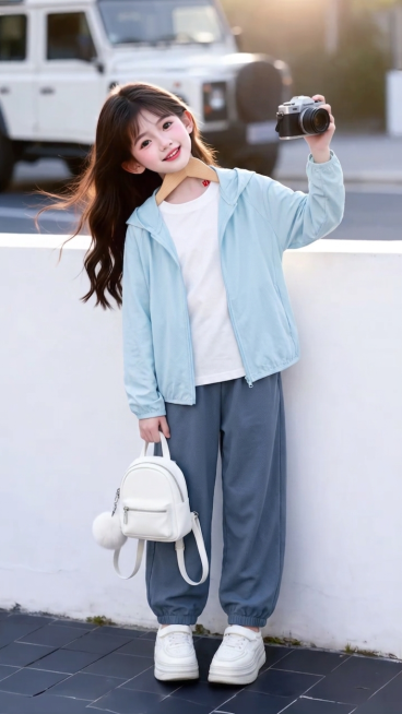 用图1的纯棉短袖和连帽外套以及裤子替换图的2的人物穿的衣服裤子，保留原场景光影，保持图2的人物的五官和发型不变，图片宽高尺寸不变，背景不变，鞋子不变，人物姿势不变，保持图1的纯棉短袖和连帽外套以及裤子预览效果