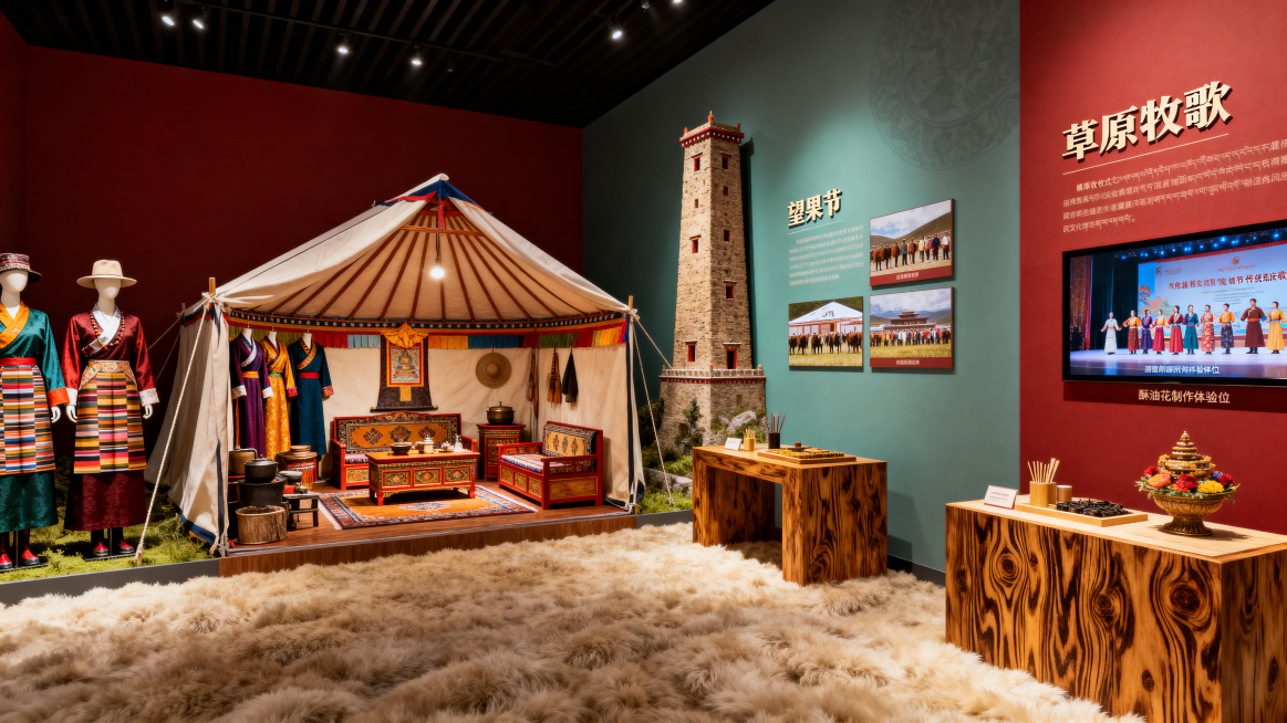 文化馆民俗风情展区，主题草原牧歌，复原藏式帐篷和碉楼微缩景观，内部摆放藏式家具、生活用具，展架陈列不同款式的藏族传统服饰，通过图文视频展示香浪节、望果节传统节庆，设置藏香和酥油花制作体验工位，整体充满预览效果