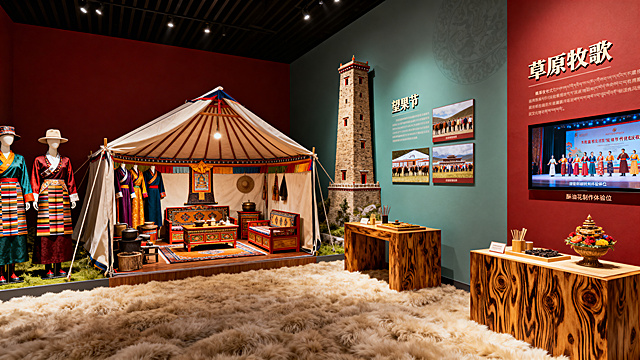 文化馆民俗风情展区，主题草原牧歌，复原藏式帐篷和碉楼微缩景观，内部摆放藏式家具、生活用具，展架陈列不同款式的藏族传统服饰，通过图文视频展示香浪节、望果节传统节庆，设置藏香和酥油花制作体验工位，整体充满浓郁藏族生活气息，氛围温馨自然