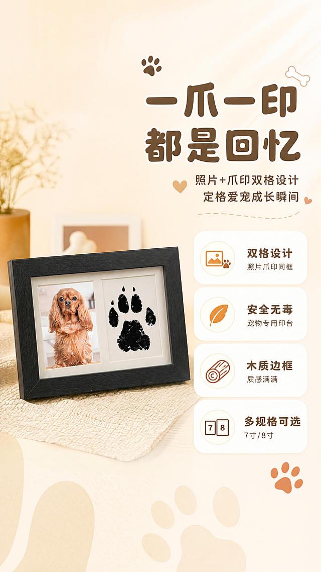 第3张 核心卖点-爪印纪念价值展示。本张使用【图1】作为成品效果参考。
氛围/风格：情感共鸣风，温暖治愈，宠物陪伴主题，柔和光感。
元素布局：画面左侧为黑色横版双格相框特写，占比约45%，左格是可爱小狗照片，右格是黑色爪印成品；右侧为文字卖点区；背景为浅米色渐变，底部有柔和的宠物爪印轮廓装饰；点缀元素：小骨头图案、爪印图标、爱心符号。
光影质感：左侧柔光打亮相框，右侧文字区明亮通透，整体柔和无硬阴影。
配色色系：全局底色#FAF6EF米白色；主色暖棕#8B6F47；辅助色黑色相框、米白卡纸；点缀色暖橘色。
视角构图：左图右文布局，相框在左，文字在右，阅读动线从左产品到右卖点。
文字版式：右侧上方大标题「一爪一印 都是回忆」，副标题「照片+爪印双格设计 定格爱宠成长瞬间」；下方四个圆角卖点卡片：「双格设计 照片爪印同框」「安全无毒 宠物专用印台」「木质边框 质感满满」「多规格可选 7寸/8寸」；圆润粗黑体，暖棕色主字，卖点卡片白底棕字带小图标。
比例分辨率：9:16竖版比例，4K分辨率，文字清晰可辨。
负向提示词：变形，水印，文字错乱，文字过小，产品图模糊。
