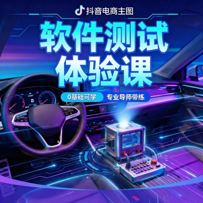 将画面中的文字“车载测试体验课”修改为“软件测试体验课”，保持现有科技感风格、字体样式和其他元素不变预览效果