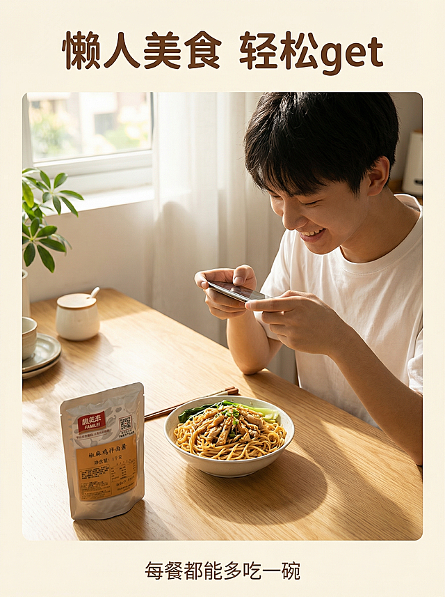 [详情页第九屏] 用户真实场景展示
[氛围/风格] 生活化真实场景，温馨自然，亲切感
[画面元素] 年轻人在家里餐桌前，拌好一碗椒麻鸡拌面，拿起手机准备拍照分享，桌面干净整洁，产品包装袋放在旁边，整体氛围自然不刻意，竖构图
[配色色系] 居家暖色调，自然柔和，温馨舒服
[文字版式] 顶部标题 "懒人美食 轻松get"，底部小字 "每餐都能多吃一碗"，文字简洁柔和，不抢主体
[比例分辨率] 3:4 比例，2k分辨率