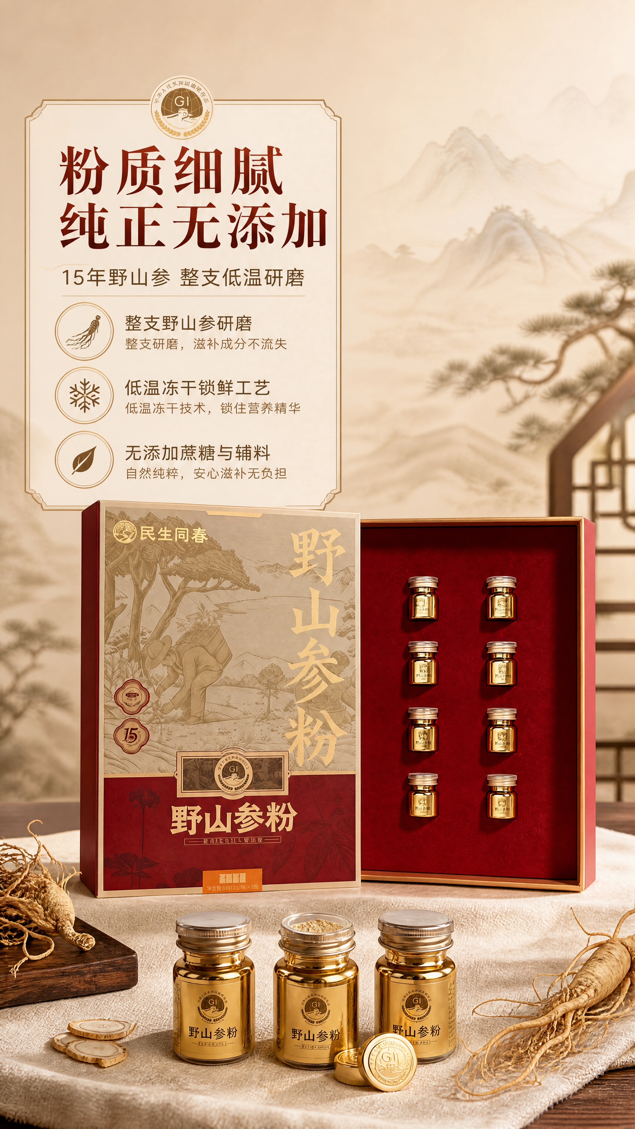 [商品] 使用【图1】民生同春野山参粉礼盒及金色小瓶；保留礼盒… - 图片创意预览
