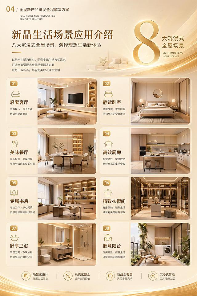 全屋新产品研发全程解决方案
一体化设计思维

设计服务定位
专为中小规模全屋定制工厂量身打造，精准解决新品研发无体系、场景单一、工艺非标、物料混乱、落地易错、销售无抓手、宣传无素材七大核心痛点。打造可量产、好落地、易销售、低成本的标准化新品套系，适配中小工厂产能、设备、渠道及中端刚需市场定位。
适用对象：产能中等、设备常规，主打大众刚需、中端家装市场的中小全屋定制生产工厂。
核心目标：打通新品研发全流程标准化，统一工艺、物料、设计、销售、宣传标准，大幅降低工厂试错成本、生产损耗、设计出错率，全面提升产品市场竞争力与终端客户成交率。

新产品设计开发导向（核心：精准定位、体系化、可量产）
前期市场调研与定位
聚焦下沉市场、刚需及改善型家装需求，规避高端小众、高成本、高工艺难度产品。调研本地家装流行风格、竞品主流产品、客户预算及户型痛点，结合工厂现有产能、设备、供应链资源，锁定新品风格、定价、受众及核心卖点。遵循风格主流化、结构通用化、配件标准化、成本可控化、库存轻量化原则，适配小批量、多订单的柔性生产模式。
套系风格与品类规划
核心布局四大主流热销套系：奶油风、极简轻奢、现代简约、原木风，可按需新增新中式、灰调极简等地域特色风格。全品类覆盖入户、客厅、卧室、书房、阳台、厨房、护墙板等全屋定制产品。每套系专属配色、线条、造型、拉手及收口工艺，打造差异化产品标识，同时保留10%-20%可调模块，兼顾标准化与客户个性化需求。
产品结构模块化研发
采用通用基础模块+专属造型模块研发模式，柜体、层板、收口、五金孔位全工厂通用，有效降低生产损耗、精简库存、提升产能；专属门板与装饰件区分套系风格，保障产品差异化。落地输出全套产品图库、尺寸库、禁忌尺寸表、结构优化手册，适配常规及异形户型微调。

新品生活场景应用（核心：贴合人居需求、场景化落地、适配全户型）
生活场景适配规划
摒弃纯颜值化设计，围绕家庭真实生活动线、收纳痛点、居住习惯，打造八大沉浸式全屋场景：玄关收纳、客餐厅整体、卧室休憩收纳、儿童房成长、书房办公、阳台家政、厨房烹饪、整屋护墙板场景。以刚需收纳、空间扩容、动线流畅、极简整洁为核心，针对性解决小户型拥挤、收纳不足、梁柱遮挡、精装房尺寸受限等居住难题。
客户群体与户型场景适配
精准适配各类户型与人群：刚需小户型主打极致收纳、紧凑布局；改善户型主打极简大气、分区收纳；精装房主打无损适配、微调定制；亲子家庭主打安全圆角、成长型收纳；独居人群主打简约通透、功能一体化。输出标准化场景方案，附带尺寸适配、功能亮点，供终端快速套用，缩短设计周期。

新品生产工艺标准（核心：标准化、易生产、低损耗、零返工）
基础生产工艺统一标准
适配中小工厂常规生产设备，制定全流程标准化工艺参数，无需高端精密设备，普通工人即可规范操作。统一开料公差、PUR/激光封边、打孔精度、拼接缝隙、收口打磨、拼装调平、隐形件、免拉手、拉直器等核心工艺规范，杜绝人工操作差异导致的质量问题。
套系专属工艺与禁忌规范
各套系匹配专属特色工艺：奶油风圆弧倒角、原木风哑光免漆、轻奢金属嵌条、极简无拉手工艺等，塑造产品差异化。明确各套系工艺禁忌、易错工序、异形生产限制，从源头规避产品报废、安装返工问题，适配工厂工艺能力。
质检与验收工艺标准
落地全套生产工艺手册、工序质检表、成品验收标准、安装规范，实现生产、质检、安装全环节标准化管控，大幅降低售后故障率。

新品物料及配置标准（核心：性价比、标准化、易采购、可替换）
核心基材选型与标准
搭建刚需款、品质款、升级款三档分级基材体系，适配不同客户预算。明确颗粒板、多层板、欧松板、生态板等主流基材的环保等级、规格参数、适用场景及优劣特性。优先选用货源稳定、高性价比、高认可度的主流材质，小众材质仅做升级选配，减轻采购与库存压力。
产品花色与配色标准
每套系固定3-5款标配核心花色、2-3款升级花色，统一全屋配色体系。规范哑光、柔光、肤感、木纹等饰面的适用场景与性能标准，固定柜体、门板、收口、配件的搭配方案，杜绝终端配色混乱，保障产品整体颜值统一。
五金、配件及功能配置标准
设立标配、升级、高端三档五金配置，明确铰链、滑轨、拉手、灯带等全系配件的品牌、规格与安装标准。统一封边条、胶水、螺丝等辅材规格，实现物料通用化，批量采购降低生产成本。
物料清单标准化输出
落地全套BOM物料清单、材质配置、花色搭配、物料替换、采购标准手册，支撑工厂快速备货、精准核价、高效报价。

新品订单设计应用（核心：快设计、零出错、可落地）
标准化设计模板库搭建
搭建酷家乐、三维家全套设计模板库，涵盖全屋整案、单空间、单品、户型适配各类模板。终端设计师可直接调用、微调参数即可出图，大幅提升出图效率。所有模板严格贴合生产工艺、结构、物料标准，杜绝设计无法落地、尺寸冲突等问题。
订单设计规范与禁忌
统一尺寸、结构、配色、五金、收口全维度设计约束，明确常规、极限、异形定制规则。整理高频设计易错点，形成自查手册，规避梁柱避让失误、尺寸超标、五金冲突、搭配违规等问题。
图纸输出与对接标准
统一效果图、施工图、拆单图、孔位图、物料清单输出标准，打通设计与生产对接链路，简化图纸复杂度，减少拆单误差与生产返工。

新品销售卖点与话术（核心：好理解、易成交、差异化）
产品核心卖点提炼（分层级）
基础卖点：环保材质、标准工艺、稳固耐用、科学收纳、全屋统一、高性价比；差异化卖点：专属颜值、模块化收纳、全户型适配、低损耗量产、低售后、精细极简工艺；场景卖点：小户型扩容、亲子安全、家政省心、空间利用率最大化，直击居家核心痛点。
分级销售话术体系
适配导购、设计师、业务员全岗位，涵盖接待、材质、工艺、场景价值、竞品对比、逼单成交全套话术。语言通俗、去专业化，聚焦客户关注的环保、耐用、收纳、颜值、性价比、售后六大核心需求，快速打动客户。
常见异议应对话术
覆盖价格、材质、工艺、工期、竞品对比等常见异议的标准化应对话术，破解终端销售卡点，有效提升成交率。

新品宣传策略（核心：可视化、专业化、易传播）
宣传画册核心内容规划
适配工厂招商、门店谈单、客户选材，支持纸质+电子双场景传播。内容涵盖品牌简介、套系风格展示、全屋场景效果、单品细节、材质花色、工艺特写、五金配置、卖点解读、落地案例、适配尺寸、常见问题答疑。
配套宣传物料开发
全套配套物料：高清效果图、场景短视频、工艺细节图、花色色卡、卖点海报、朋友圈推广图文、招商文案、落地案例合集。
物料适配场景
全覆盖门店展示、谈单演示、线上引流、线下招商、小区推广、老客转介绍等场景，无需工厂额外投入设计成本，实现一站式宣传赋能。
参考文字内容，生成一套宣传画册。画册版面时尚、大气；画册的背景、插图均采用现代风格的家居、软装或空间设计元素。
画册规格：W20cm×H30cm；
版面色调：金黄色；
画册页数：9P