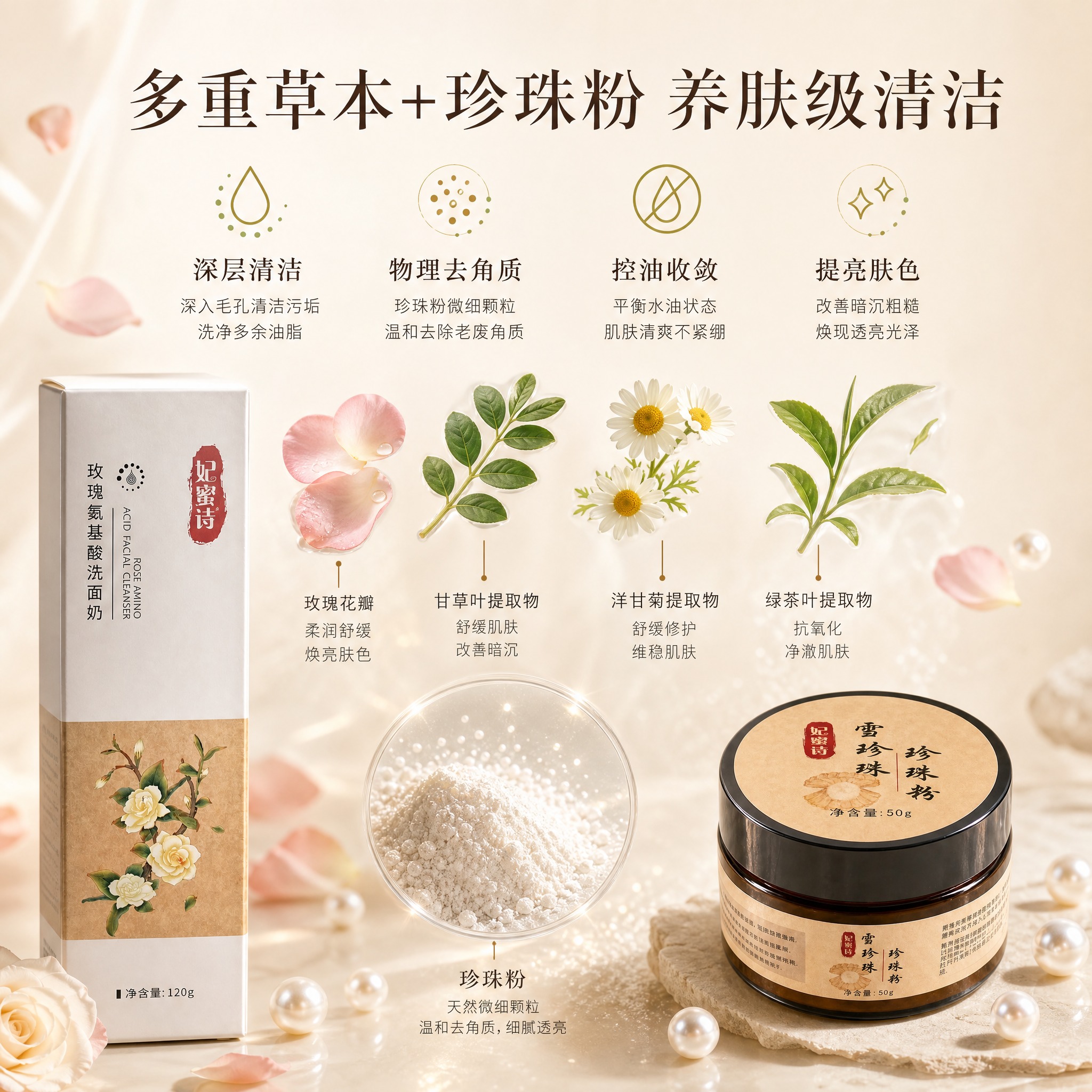 [主图-2] 核心功效成分解析，展示洗面奶多种草本萃取+珍珠粉… - 图片创意预览