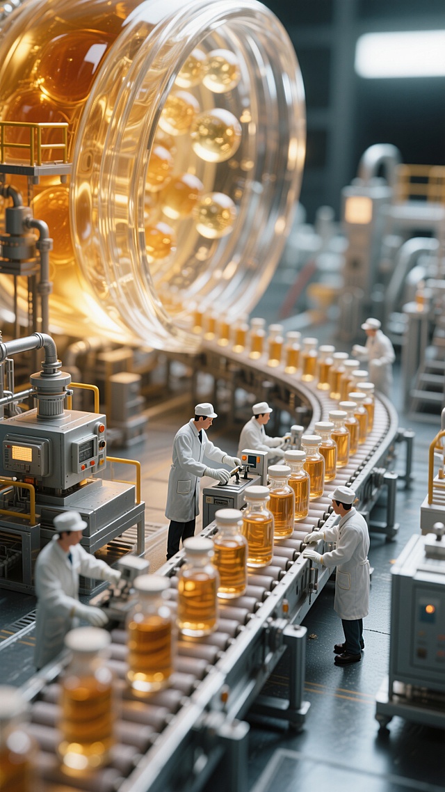 一个巨大的精华，里面有一个微型工厂，从工厂里延伸出来一条传送带，穿着工作服、戴着白手套的工人在操作仪器，传送带上是精华