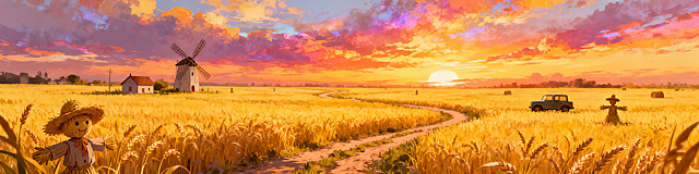 黄昏时分的金黄色麦田风景插画，梦幻晚霞，主色调为温暖金黄色，颜色鲜艳饱满，广阔的麦田里小径交错纵横，点缀着风车、小房子、车辆和稻草人，天空布满绚丽晚霞，氛围感梦幻