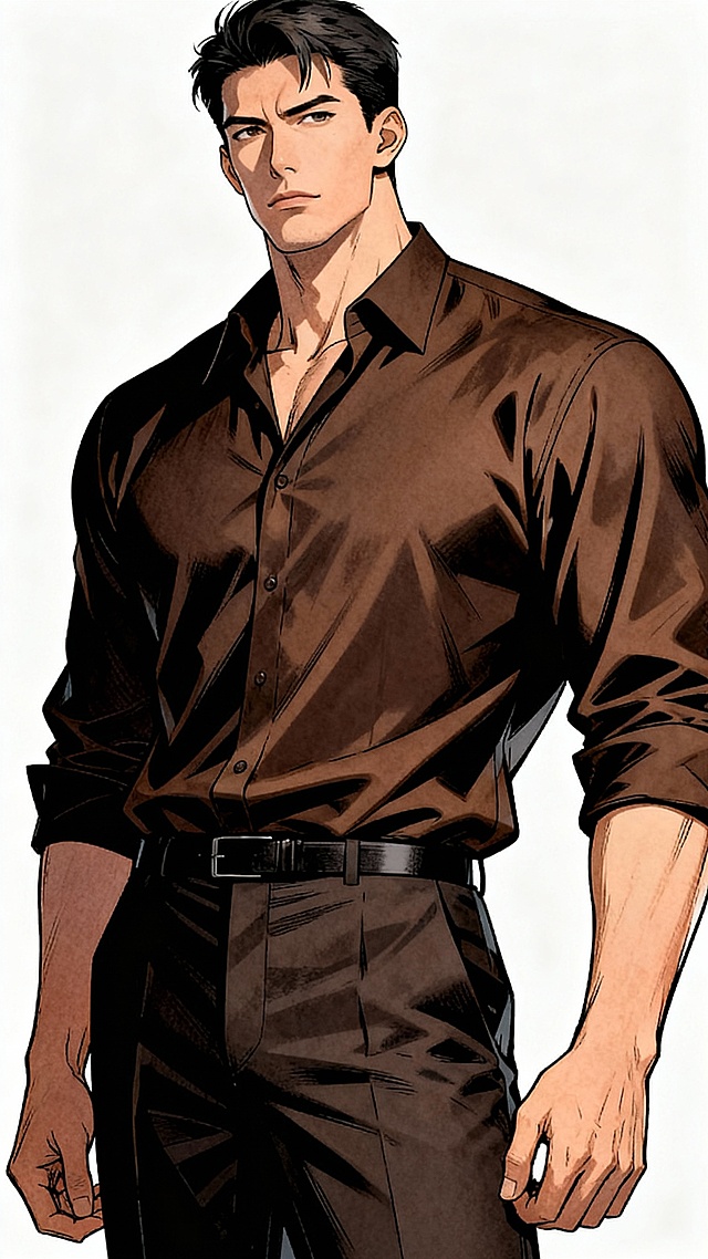 漫画，三十出头的男人，185的身高，肩膀厚实，穿着一件质感挺括的深棕色衬衫，西裤笔挺。他面容是那种刀削斧凿般的刚毅，眉骨高，鼻梁挺，薄唇，下颌线转斩锐利，不笑的时候，浑身散发着“生人勿近”和“我很严肃”的气场。不认识他的人初见，十个里有八个会下意识地挺直腰板，剩下两个大概想悄悄溜边儿走。