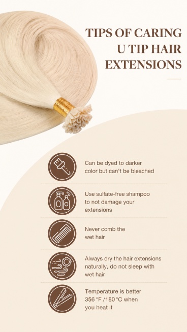 [第7屏] 洗护护理小贴士屏-Caring Tips for U Tip Hair Extensions。本屏使用【图6】作为参考，使用【图6】产品图作为主体。
[氛围/风格] 简约信息图文风，清晰易预览效果