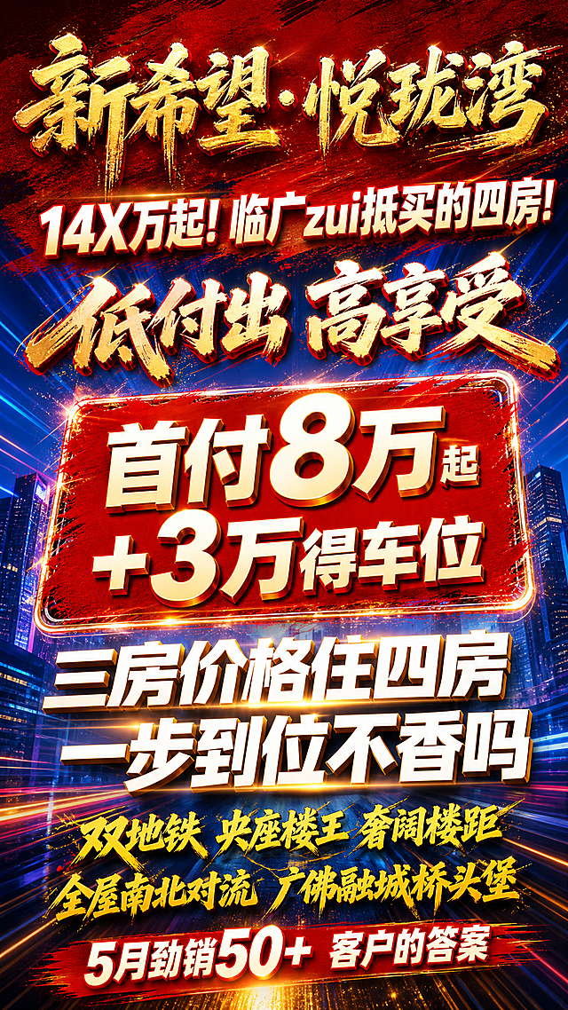 极具视觉冲击力的房地产促销海报，9:16竖屏，炸街级商业大促风格，整体配色以亮红、金色和白色为主，高饱和度蓝色炫彩背景，营造抢购限时氛围。内容从上到下排布：1 顶部标题区，巨大粗犷金色毛笔笔刷字体写"新希望·悦珑湾"，背景衬暗红色纹理；2 上部中间副标题区，稍大字体写"14X万起！临广zui抵买的四房！"；3 下方，立体感毛笔字写"低付出 高享受"；4 画面正中心红色衬底，第一行写"首付8万起"（起字缩小），第二行写"+3万得车位"；5 下部中间，亮白色大号无衬线字体，带金色高光和阴影，写"三房价格住四房 一步到位不香吗"；6 下方，涂鸦破坏感金黄色字体，第一行写"双地铁 央座楼王 奢阔楼距"，第二行写"全屋南北对流 广佛融城桥头堡"，再下方"5月劲销50+ 客户的答案"加上暗红色衬底，底部配横向金色速度线和光效拖尾。文字清晰可读，颜色对比强烈，背景不干扰文字，极致促销张力，高级排版，C4D渲染，虚幻引擎，带轮廓光。