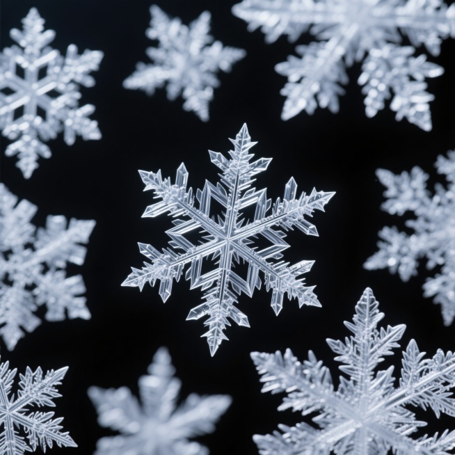 高清晰微距摄影，聚焦多片形态各异的雪花晶体，呈现完美对称的六角星形结构，每一片雪花都拥有独特的枝杈、尖刺和细微纹理，冰晶表面折射出柔和的银白色光泽，在纯黑色背景的衬托下显得格外纯净剔透，整体画面营造出极致的冬日静谧氛围与科学摄影的精确美感，冰霜的晶莹质感与寒冷气息扑面而来，细节丰富，边缘锐利，光影层次分明。预览效果