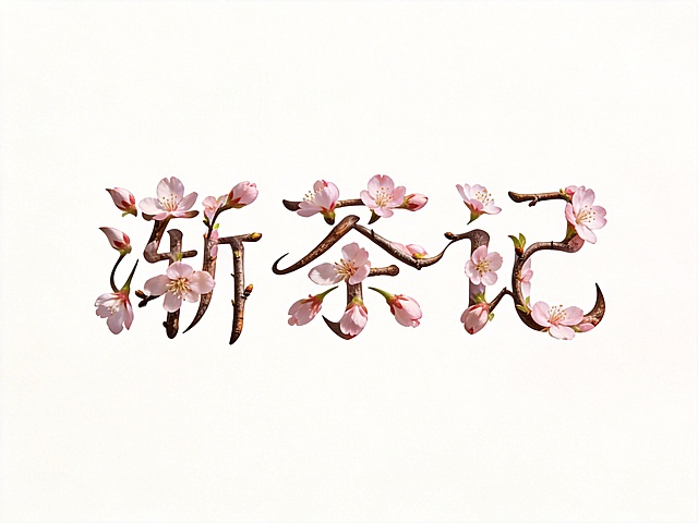 奶茶店logo设计，主体是三个字"渐茶记"，为突出花香主题，字体由新鲜盛开的樱花花瓣和枝干自然生长扭曲拼接而成，笔画连接处流畅自然，花瓣娇嫩饱满，呈现微距写实风格，所有花卉元素都收敛在文字轮廓内，不蔓延到背景区域。干净的纯白色背景，文字清晰可识别，整体风格清新雅致，适合奶茶品牌使用。