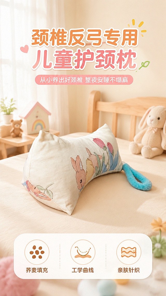 [第1屏] 详情页头图-儿童颈椎反弓专用荞麦枕产品全貌海报。本屏使用【图2】作为商品主体。
[氛围/风格] 温馨治愈儿童风，柔和暖光，商业摄影质感，清新可爱。
[元素布局] 儿童颈椎枕置于画面中央偏下，占比约55%-60%；背景为温馨儿童房场景，浅木色儿童床、柔和窗帘、小玩偶点缀；枕头上保留兔子郁金香印花图案、蓝色毛绒挂绳，产品物理结构、比例轮廓、材质质感、颜色与输入产品图一致；上方留标题区。
[光影质感] 左上方柔和自然光，右下自然投影，整体明亮通透，暖色调氛围。
[配色色系] 全局底色 #FFF8F0 米白暖调；主色奶杏色+粉色；辅助色浅蓝、嫩绿。
[视角构图] 正面微俯视，产品为视觉中心，阅读动线从上标题 → 中央产品 → 底部信息条。
[文字版式] 顶部居中大标题「颈椎反弓专用 儿童护颈枕」，副标题「从小养出好颈椎 整夜安睡不塌扁」；底部信息条三个卖点图标「荞麦填充」「工学曲线」「亲肤针织」；文字不遮挡枕身主体，字体圆润可爱。
[比例分辨率] 9:16 竖版比例，4K 分辨率，文字清晰可辨，高清画质。
[负向提示词] 产品变形，缺件错件，印花错乱，颜色偏差，水印，文字错乱，产品图模糊，背景杂乱，成人元素。