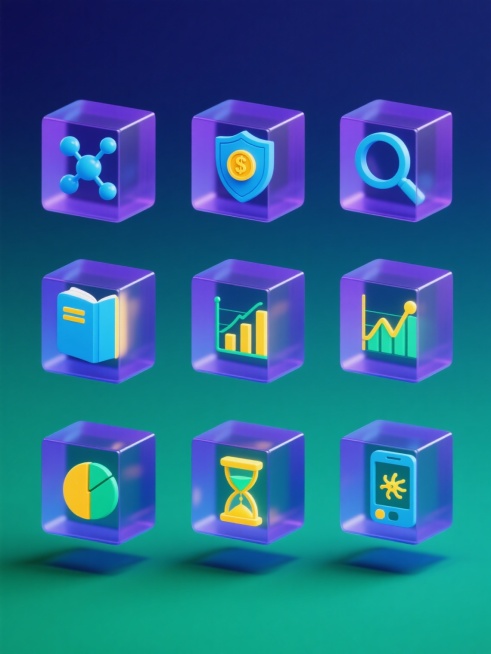 1. 【深海蓝系列】3D风格图标设计，九个等大的深海蓝半透明立方体呈3x3网格悬浮，每个立方体内部有不同蓝色系核心图标（分子结构/带金币盾牌/书本/柱状图表/放大镜折线图/饼图/沙漏/K线图/手机界面），黄色点缀如深海生物荧光，底部靛蓝渐变阴影，整体简洁科技感，纯深蓝色背景，线条清晰光影柔和无文字。

2. 【极光紫系列】3D风格图标设计，九个等大的紫罗兰透明立方体呈3x3矩阵排列，内部图标以……预览效果