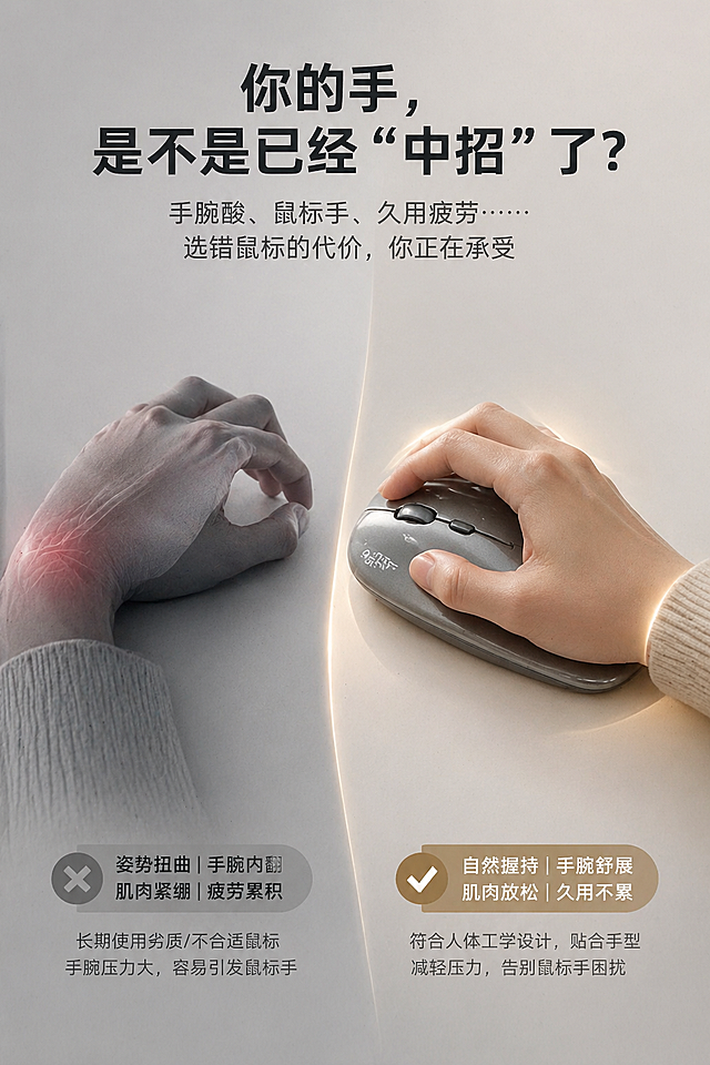 详情页第二屏，主标题："你的手，是不是已经\"中招\"了？"，副标题："手腕酸、鼠标手、久用疲劳……选错鼠标的代价，你正在承受"。左侧展示一只手处于疲惫姿势，手腕微微内翻，指节略有僵硬感，色调偏冷灰，带轻微疲劳阴影；右侧展示同一只手握住灰色GARISE人体工学鼠标后呈现放松、自然的握持状态，色调转暖；两部分画面形成强烈对比，中间用一道柔和分隔线过渡；背景使用中性浅灰，不抢夺主体；整体共鸣感强，有代入感。