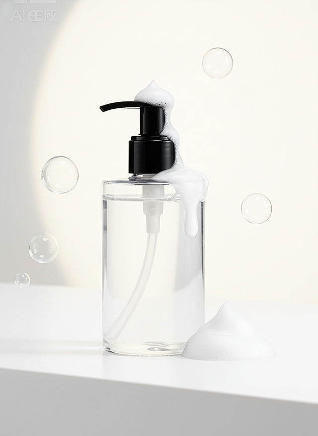 产品竖立在台面上，旁边和顶部各有一团白色泡沫，增添清洁感，周围有漂浮的泡泡，背景有一个淡黄色圆形光影，营造高级质感。柔和光线，摄影级写实效果，高端护肤产品广告风格，极简设计，现代美学，高清细节。