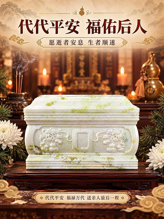 [商品] 使用【图1】代代平安黄岫玉骨灰盒正面；保留整体结构、黄岫玉材质带翠绿纹理、正面葫芦浮雕、多层线脚造型；商品处理：增强玉石温润通透质感，产品庄重典雅，不改变原貌。
[画面] 目标：安放场景页，传递产品庄重安宁的祈福氛围与情感价值。构图：产品置于画面中央偏下，占画面40%，安放在古朴的木质供台/石台上；背景为虚化的中式祠堂/纪念堂场景，有柔和的烛光、葫芦摆件、檀香袅袅，两侧摆放白色菊花与松柏枝，营造肃穆安详、追思祈福的氛围；前景有几朵祥云纹样装饰。
[视觉] 套系策略：风格=中式传统吉祥风商业摄影；标题字=宋体粗体（端庄大气）；正文字=简洁宋体；主色=岫玉青白+翠绿纹理；背景延展=基于暖棕红+米黄+深褐做深浅层级、同色渐变和玉石/木质/宣纸质感；强调色=暖金色，仅用于小面积图标、引线、标题点缀；标题色=深棕红；正文色=暖褐；组件=圆角米黄底信息卡、细金线引线、葫芦祥云蝙蝠装饰元素；光影=柔和暖光，背景有烛光氛围光，产品受光均匀庄重，底部自然投影，玉石表面有温润光泽。
[文字] 上方主标题"代代平安 福佑后人"，副标题"愿逝者安息 生者顺遂"，下方一行小字"代代平安 福禄万代 送亲人最后一程"，文字居中排列，字体端庄，不遮挡产品主体。
[规格] 图片比例3:4竖版，分辨率2K，避免变形、错字、文字过小、冷蓝/冷灰背景、产品颜色改变、恐怖/低俗元素、过度悲伤氛围。