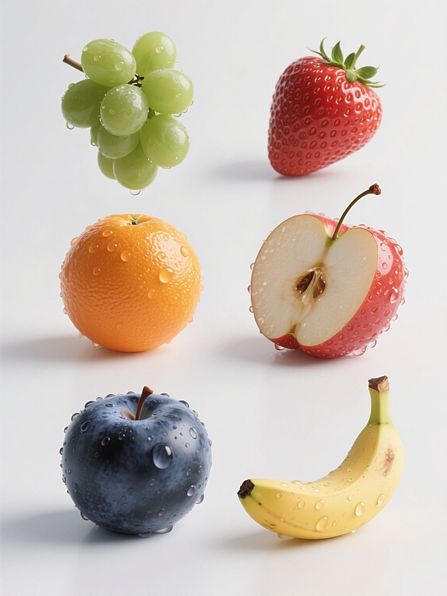 六个不同水果的高写实摄影系列，每个水果保持相同的超写实风格：光滑饱满的果皮质感，晶莹剔透的果肉纹理，表面附着晶莹水珠，高光处呈现玻璃般光泽，阴影柔和自然，绿色葡萄替换为草莓、橙子、蓝莓、苹果、香蕉、樱桃，均带果蒂和局部切开细节，所有水果悬浮于纯白色背景，等距规整排列成2x3网格，保持一致的光影效果、构图比例和视觉层级，突出水果的新鲜水润与细节质感