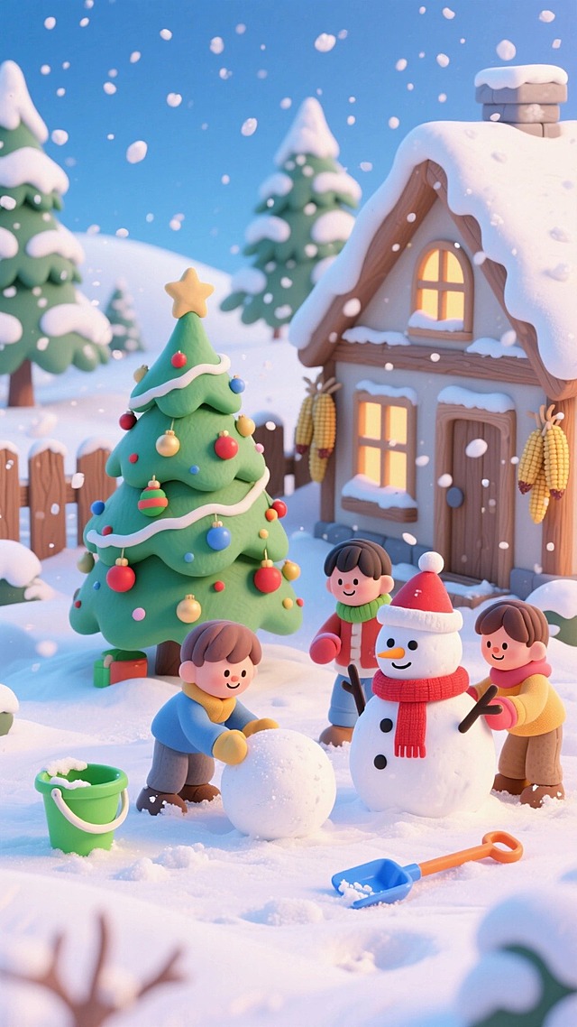 背景是积雪覆盖的乡村小屋，旁边有一棵装饰着圣诞饰品的圣诞树，雪地中有三个孩子，一个在滚雪球，两个在堆雪人，雪人造型可爱，戴着圣诞帽、红围巾，旁边有绿色水桶、蓝色铲子等玩雪工具，远处有松树、木栅栏、挂着的玉米串，雪花漫天飘落。