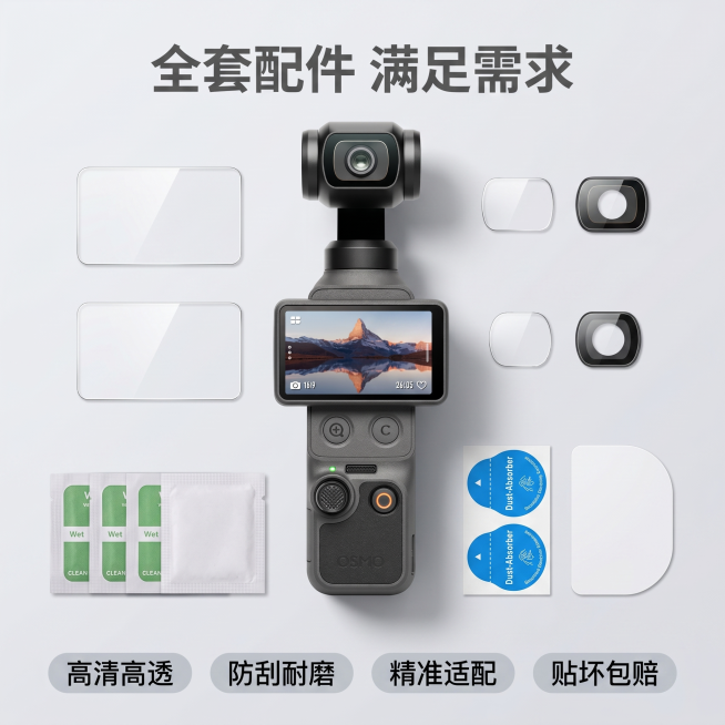 [主图 5] 大疆pocket4钢化膜套餐全家福展示图
[氛围风格] 简约高级科技风，整体风格和首图保持完全统一
[画质] 商业摄影质感、光线柔和通透、产品清晰真实、画面干净高级
[元素] 展示钢化膜预览效果