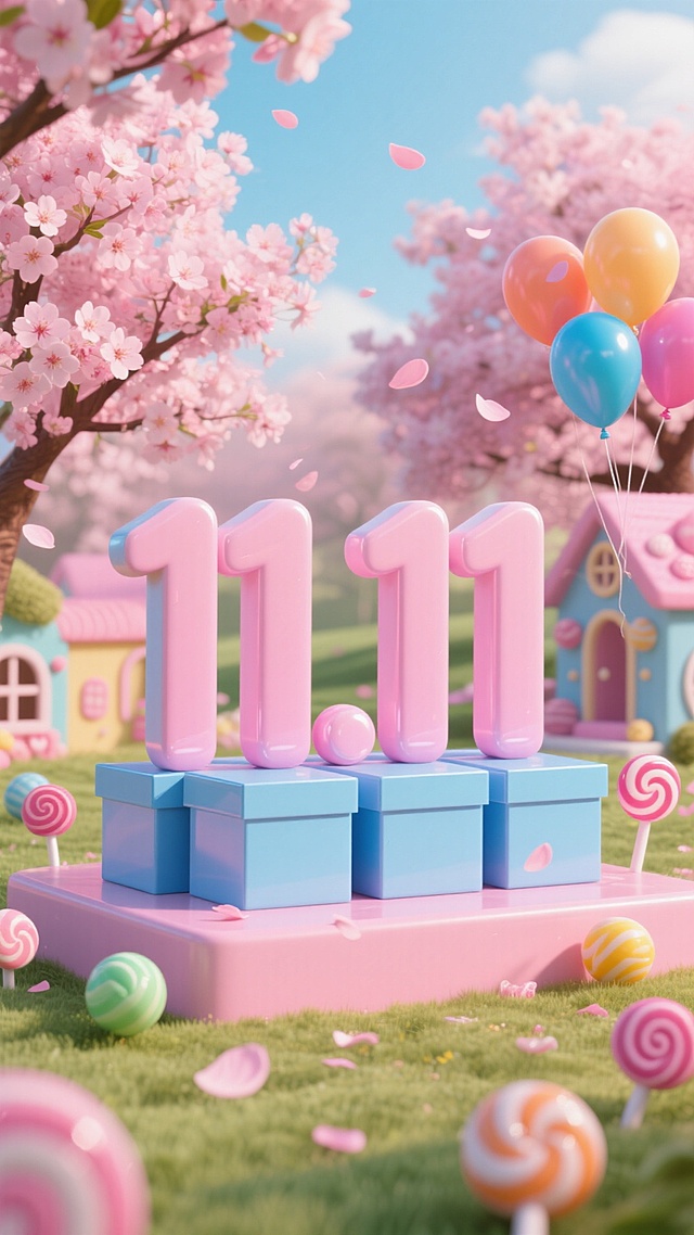 粉蓝纸盒质感立体字 “11.11”并排置于童趣糖果屋场景中 。周围环绕气球、花瓣等元素，樱花树背景