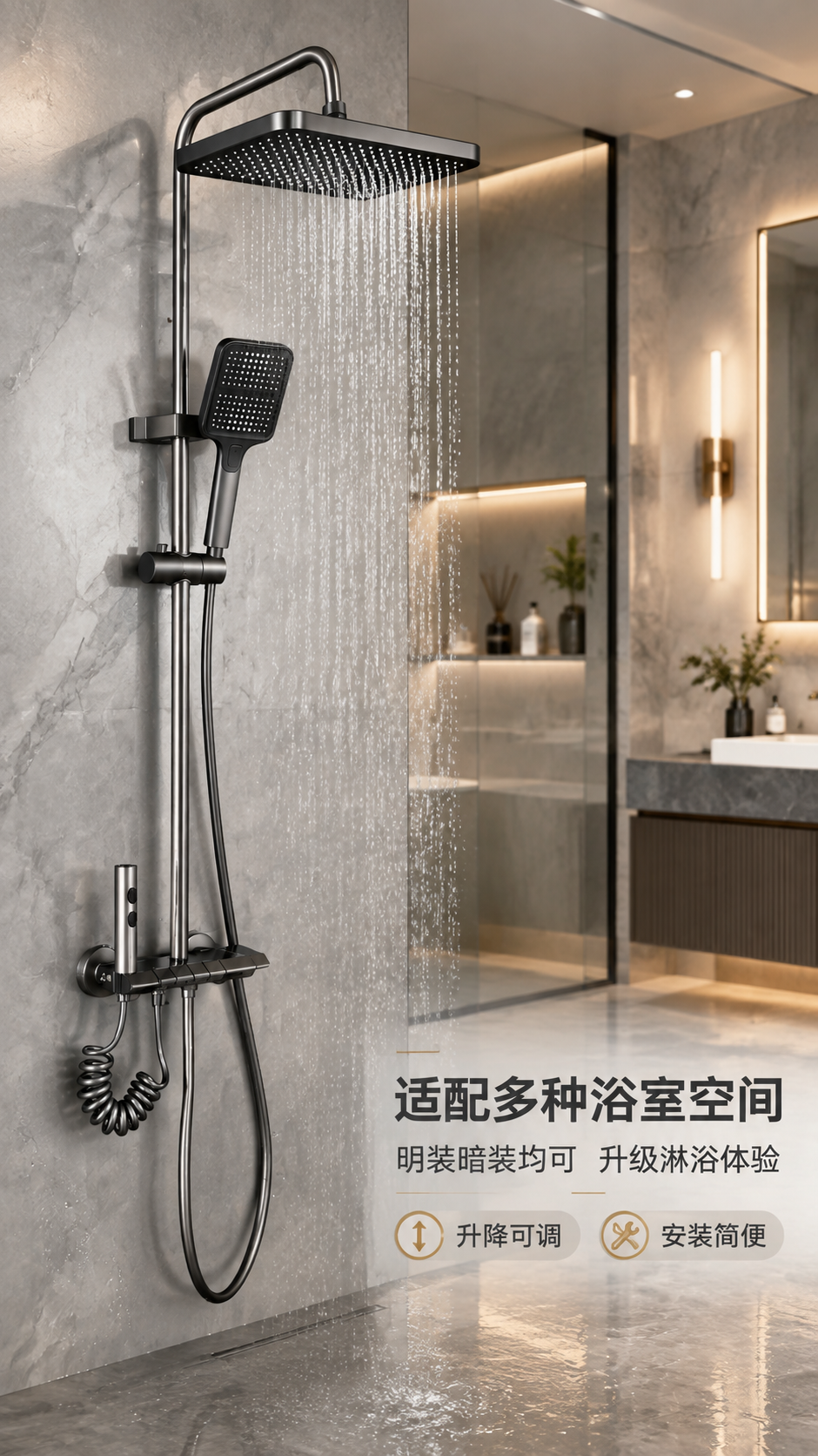 [商品] 使用【图1】枪灰色四功能淋浴花洒套装；保留完整结构与… - 图片创意预览