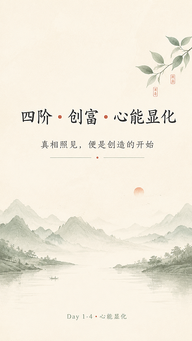 [第1屏] 四阶 • 创富•心能显化课程宣传头图
[氛围/风格] 禅意风，宁静悠远氛围感，极简东方美学，柔和低饱和度色调，高级写意质感，与前三阶保持完全一致的风格
[元素布局] 画面中心偏上区域为主标题，下方搭配简约水墨远山和江水，角落点缀一枝茶叶。整体留白充足，构图空灵雅致，没有多余元素干扰。
[光影质感] 柔和漫射自然光，整体光线均匀，明暗层次平缓，营造静谧开阔的空间感
[配色色系] 全局底色：#F7F3EA（米麻色）；主体文字：#2C2C2C（深灰）；辅助色：#9BB2A1（浅灰绿）；点缀色：#C85A45（朱砂色）
[视角构图] 居中纵向构图，平视视角，景深适中，从上到下阅读动线清晰
[文字版式] 主标题"四阶 • 创富 • 心能显化"竖排或居中横排，字体为温润书法体，字号占据画面宽度15%；副标题"真相照见，便是创造的开始"位于主标题下方，细体简约字体，字号为主标题30%；底部小字标注"Day 1-4 • 心能显化"，浅灰色，不抢视觉重心，文字整体居中排布，四周留白充足
[比例分辨率] 9:16竖版比例，1080x1920，4K分辨率，文字清晰可辨
[负向提示词] 变形，水印，文字错乱，颜色偏差，背景杂乱，过度装饰，色彩鲜艳，构图拥挤