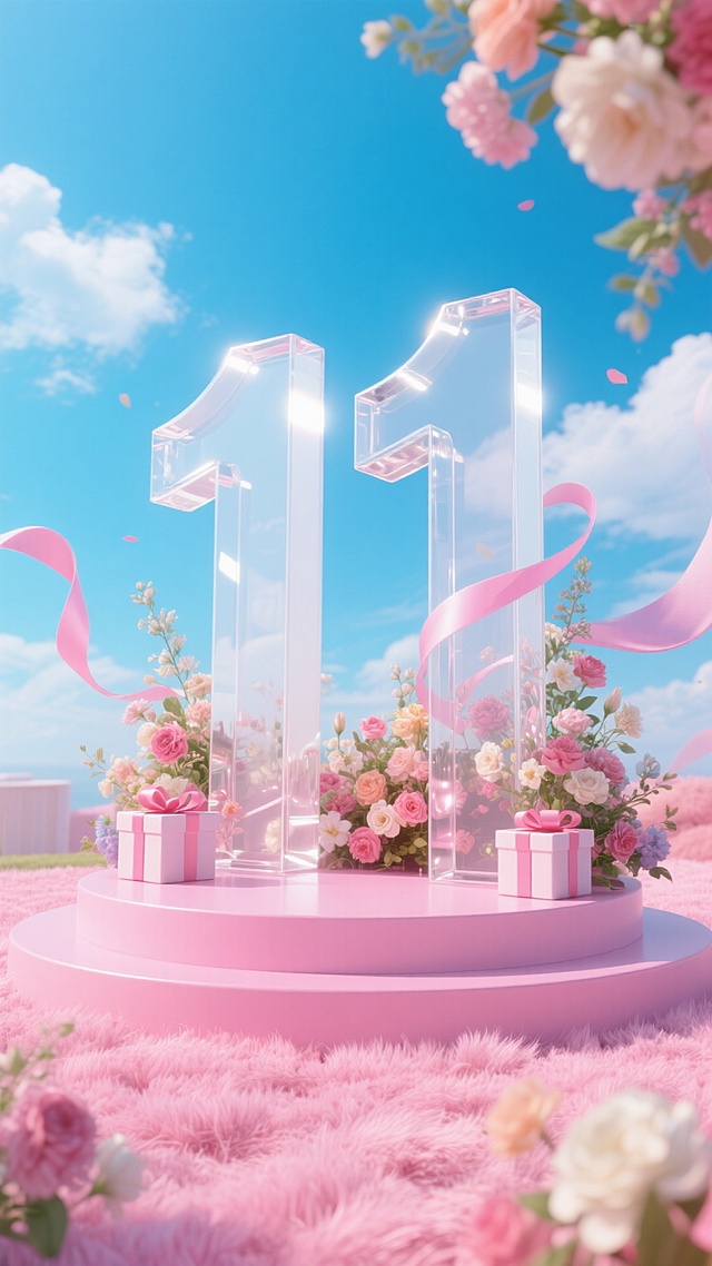 梦幻甜粉系3D场景，透明水晶数字“11”立于柔毛草地，环绕花束与礼盒，飘带轻舞，玻璃质感与柔和光影交织，营造出清透梦幻的虚拟现实节日氛围。