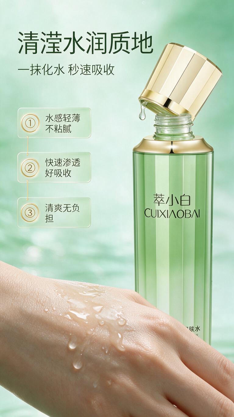 [商品] 使用【图1】萃小白清肌控油爽肤水；保留瓶身结构、渐变… - 图片创意预览