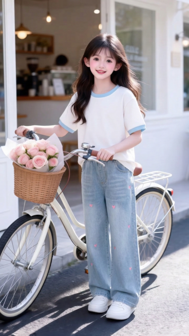 把图1的短袖和裤子给图的2的人物穿上，保留原场景光影，保持图2的人物的五官和发型不变，图片宽高尺寸不变，背景不变，鞋子变为白色运动鞋，人物姿势不变，保持图1的短袖和裤子的款式材质不变和颜色不变预览效果