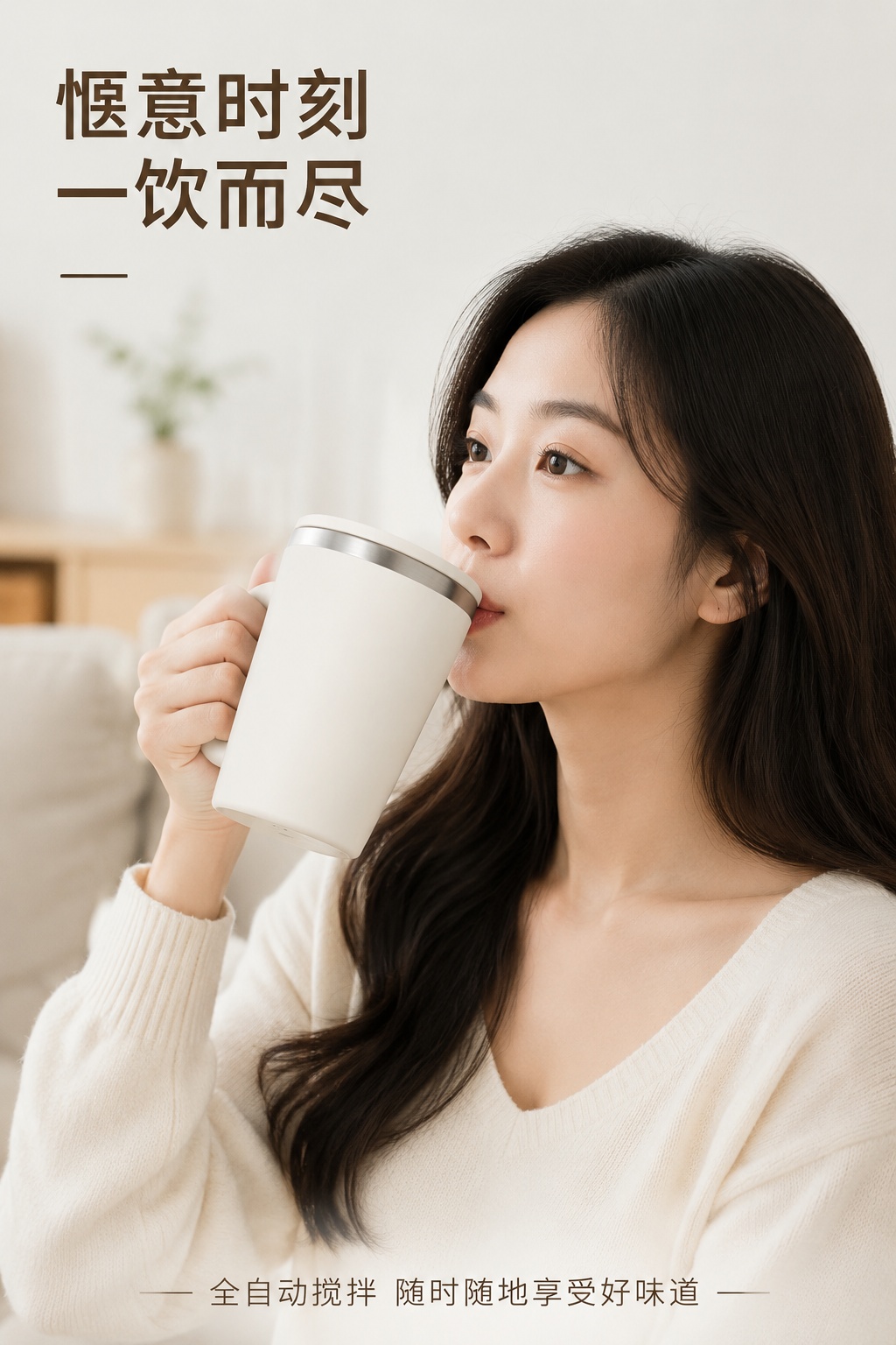 [第6屏] 真人使用展示，东亚女性模特肩线以上展示饮用搅拌杯。… - 图片创意预览
