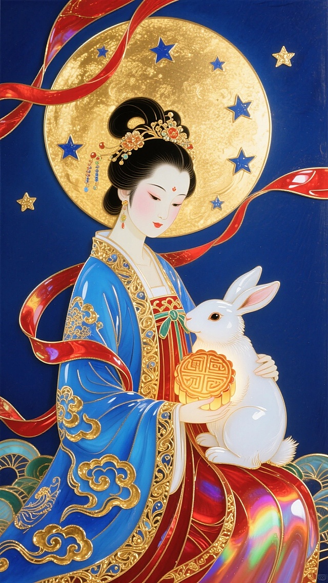 工笔风与国潮风融合，古典优雅的嫦娥怀抱玉兔，手持发光月饼，背景鎏金圆月与星辉交织，红绸飘逸，梦幻唯美，尽显中秋佳节的浪漫与华美。