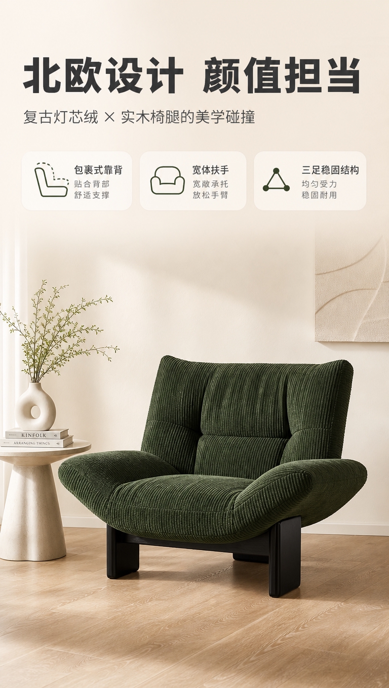 [商品] 使用【图1】墨绿色布艺休闲单人椅；保留整体造型、包裹… - 图片创意预览