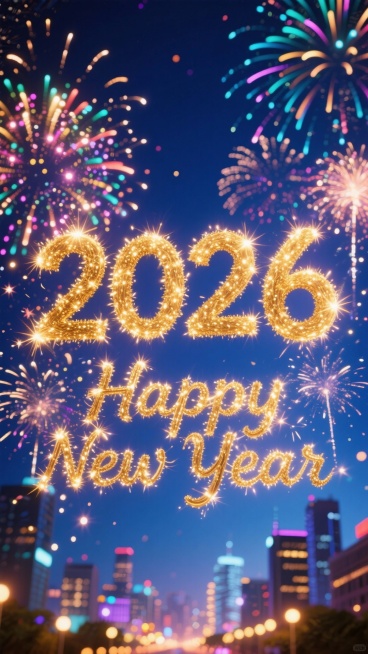 画面中央是金色烟花字“2026”，下方搭配金色烟花英文 “Happy New Year”，背景是深蓝色夜空，布满色彩绚烂的烟花，底部还有城市夜景的灯光光斑预览效果