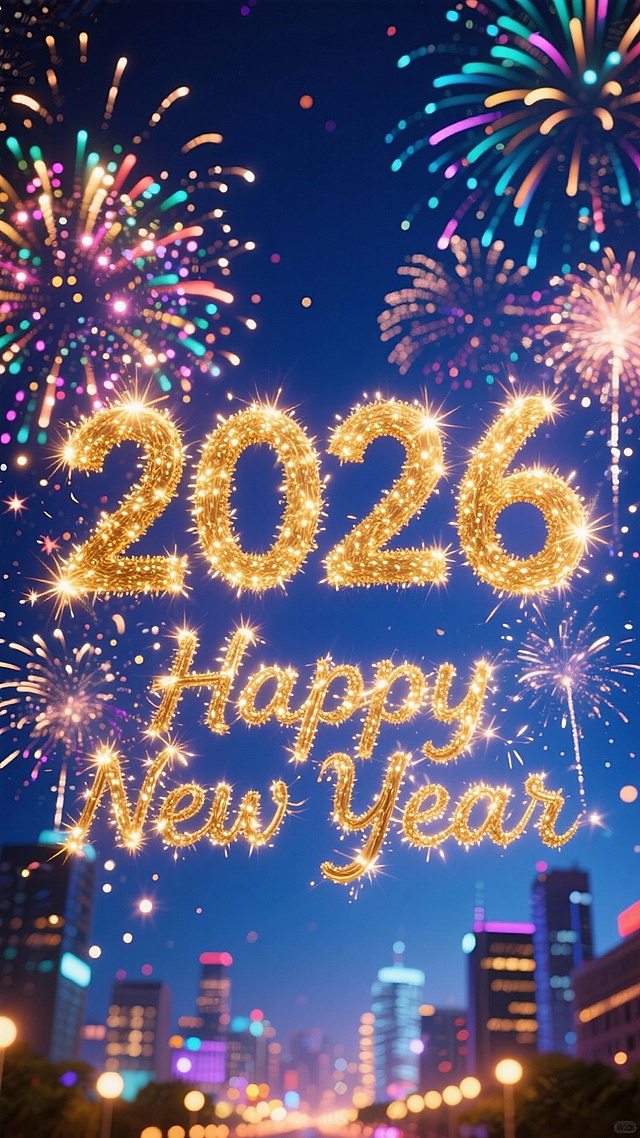 鎏金大字闪耀夜空，粒子光效交织烟花，3D立体字营造梦幻光影感，城市夜景衬托喜庆氛围，新年祝福跃然眼前。