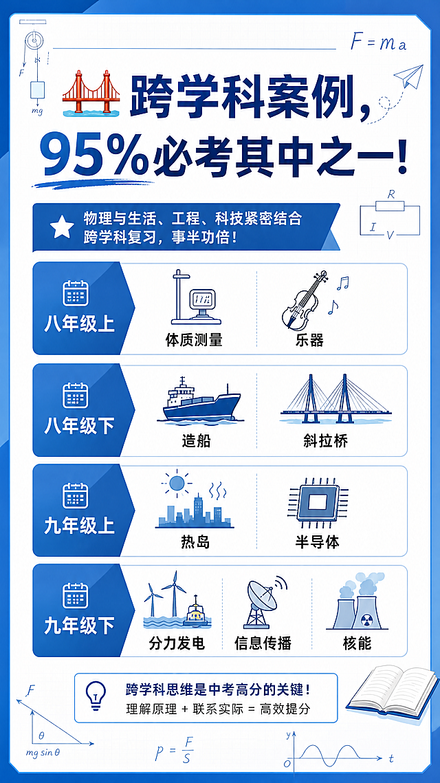 干货知识风格教育海报，延续蓝白专业配色，保持物理公式线稿装饰元素，大标题为"🌉 跨学科案例，95%必考其中之一！"，正文内容罗列：八年级上：体质测量、乐器；八年级下：造船、斜拉桥；九年级上：热岛、半导体；九年级下：分力发电、信息传播、核能。排版分区清晰，文字全部清晰可读，9:16竖版，版式精美。