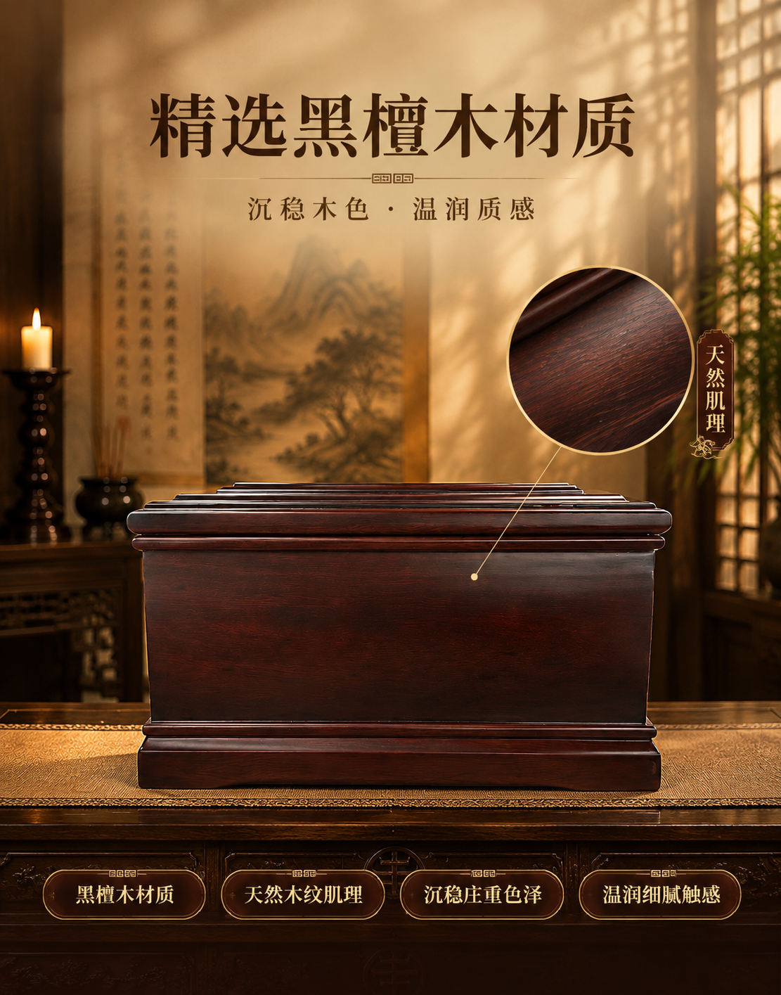 [主图-3 材质展示] 黑檀木天然木纹与温润质感展示，突出材质… - 图片创意预览