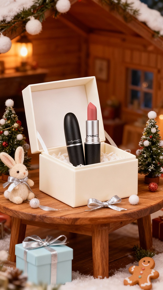 画面中心是展示产品的打开的奶白圣诞风礼盒，摆放在木桌上，桌上搭配系着银丝带的兔玩偶，周围点缀圣诞元素（缀着绒球的小圣诞树、浅蓝礼盒、姜饼人摆件），背景为暖光木屋室内场景