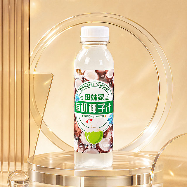 保持主体饮料瓶不变，更换为电商主图风格，3D渲染，创意构图，有视觉冲击力，浅金色轻奢风格，极简，前景遮挡，美术置景，通透玻璃展台，唯美，浅金色渐变背景，C4D建模，保持1:1比例