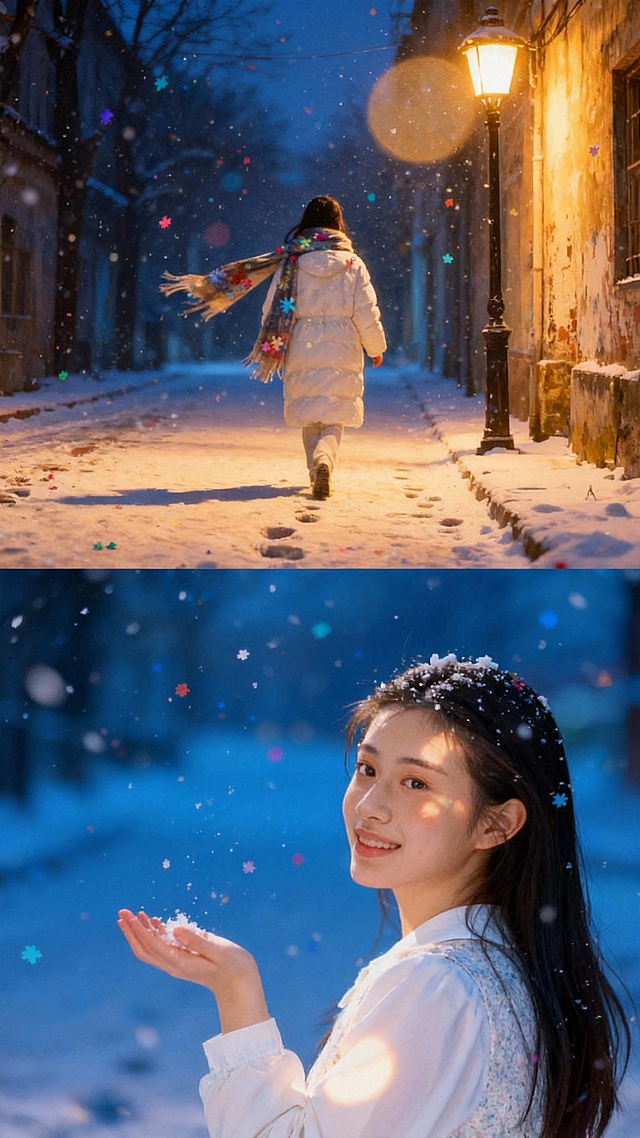 梦幻雪夜，光影交织，温暖街灯映衬少女背影，彩星飘落，插画风与轻拟物融合，粒子飞舞，尽显冬日浪漫与唯美氛围。