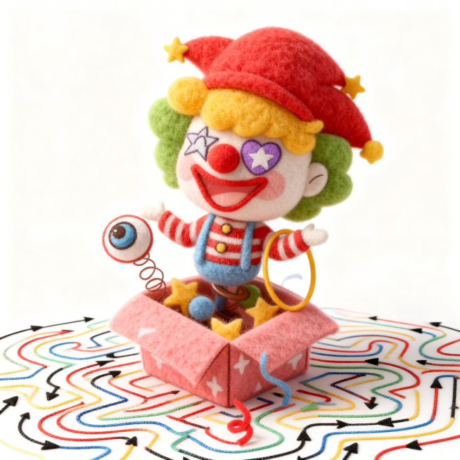 图中的小丑形象轮廓用3px粗细的多彩蜿蜒线条完全填充，线条颜色包含红、黄、蓝、绿、黑等高饱和对比色，每条线条末端带有黑色箭头指示方向，形成无交叉的连续迷宫路径，线条迷宫艺术风格，纯白色背景突出主体，高预览效果