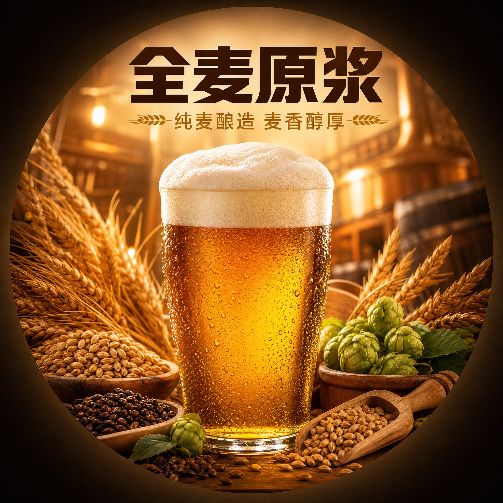 全麦原浆精酿啤酒产品宣传图，圆形构图，适配鱼眼灯打印使用，1:… - 图片创意预览