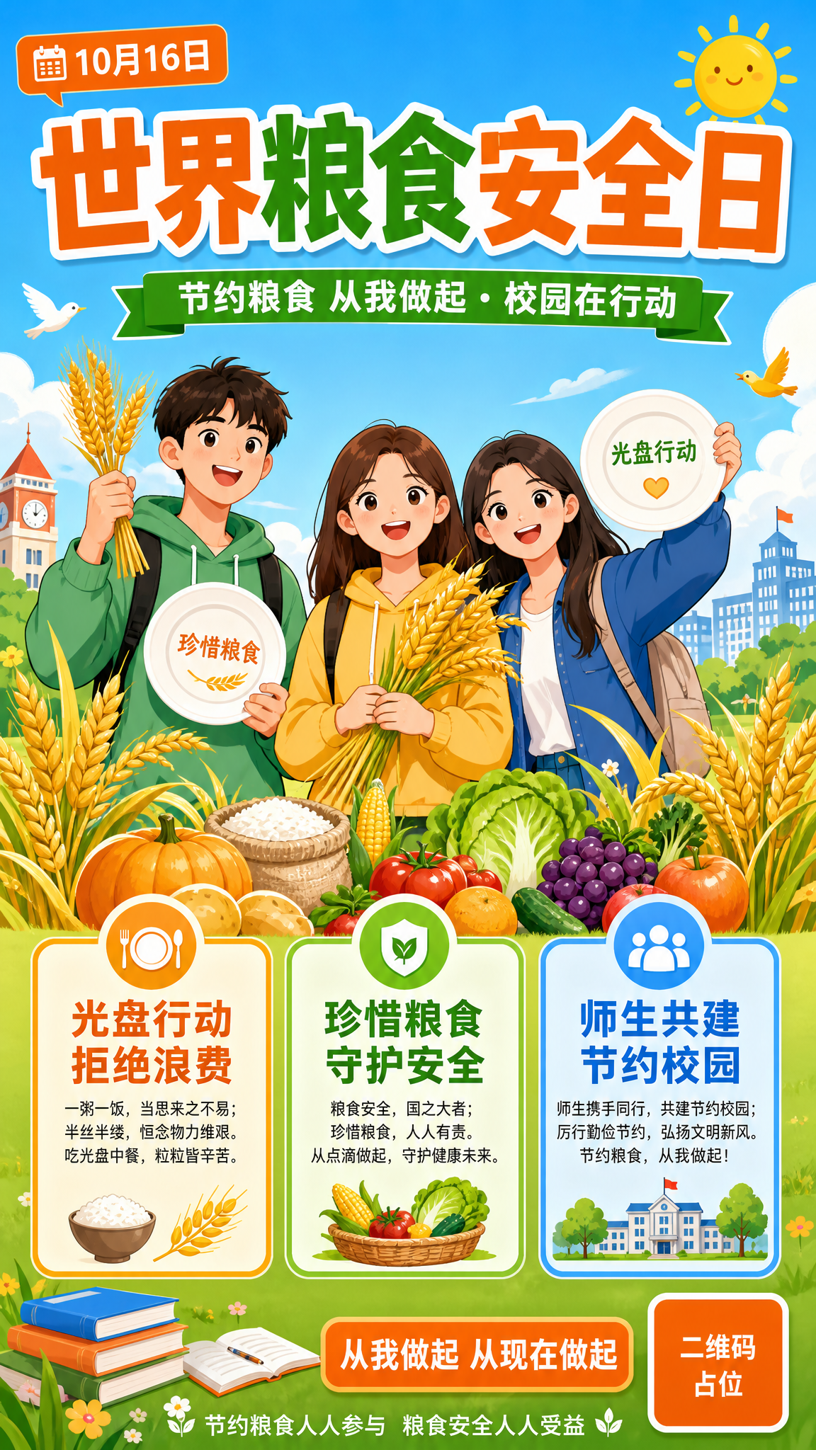 世界粮食安全日校园宣传活动海报，扁平插画风格，色彩鲜艳活泼，青… - 图片创意预览