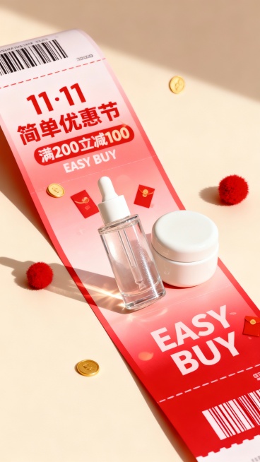 背景是一张大型长条购物小票，主体压着购物小票，小票上主标题为红字“11·11 简单优惠节”，副标题为“满200立减100”，“EASY BUY”，金色硬币、红色毛绒球、红包等元素点缀，渐变红色调购物氛预览效果