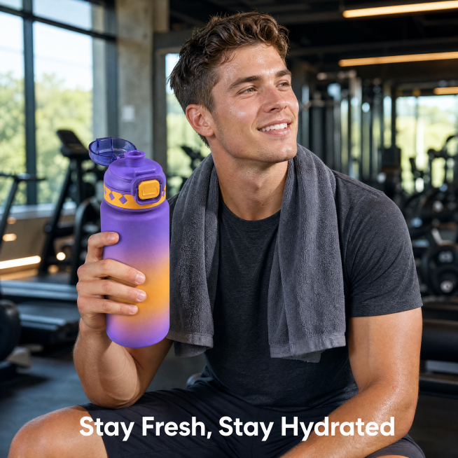 Young Caucasian fitness male model holding gradient insulated water bottle, follow the same high-end预览效果